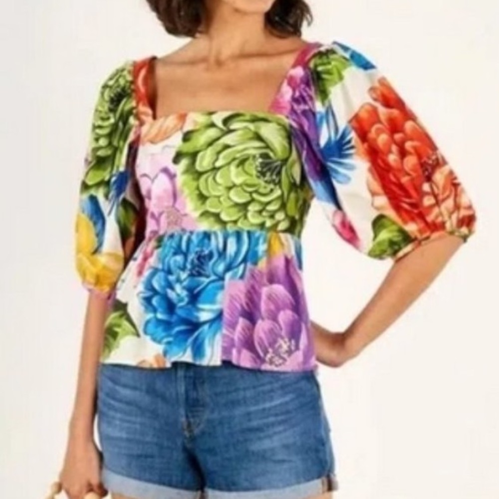 NWOT Farm Rio Multicolor Floral Puff Sleeve Top Small - Picture 1 of 10